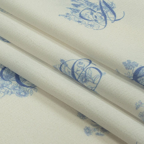 Sustainable Viscose Woven Print - White and Blue Floral Calligraphic Script - Mood Exclusive ABC Bouquet