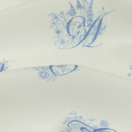 Sustainable Viscose Woven Print - White and Blue Floral Calligraphic Script - Mood Exclusive ABC Bouquet