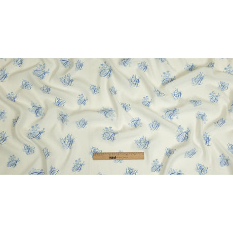 Sustainable Viscose Woven Print - White and Blue Floral Calligraphic Script - Mood Exclusive ABC Bouquet
