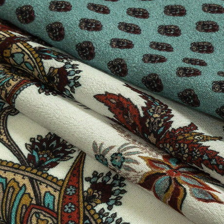 Sustainable Viscose Crepe Panel - Teal and Burgundy Paisley Decorative Squares - Mood Exclusive Destination Dubai