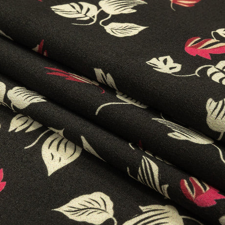 Viscose Crepe Print - Black, White and Pink Leaves - Mood Exclusive Lingering Leaves