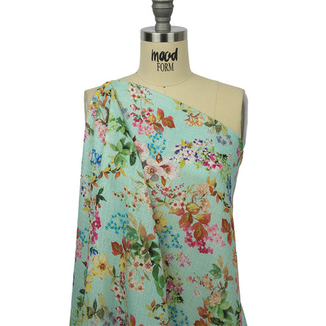 Slubbed Polyester Gauze - Aqua and Rainbow Floral - Mood Exclusive Mallorcan Morning Print