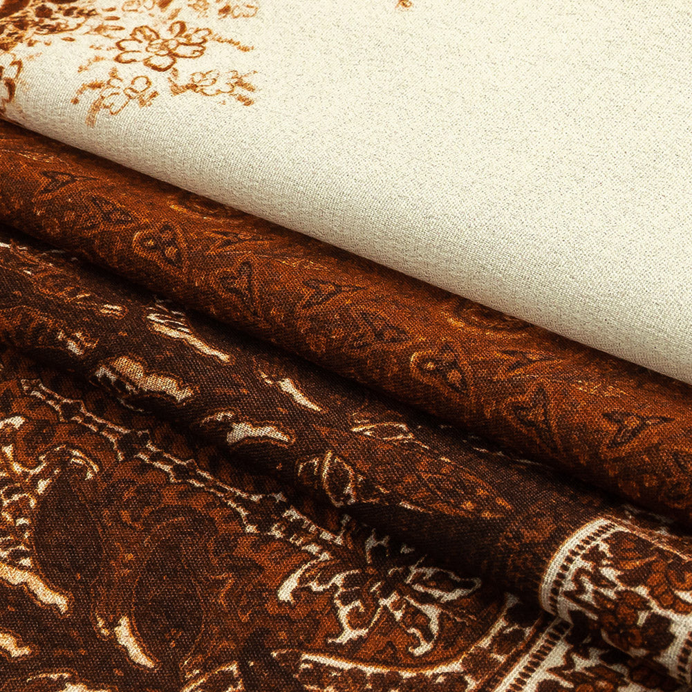Sustainable Viscose Crepe Print - Brown and Cream Paisley Patches - Mood Exclusive Speak and Enter
