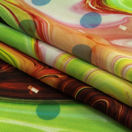 Polyester Charmeuse Print - Lime Green, Pink and Brown Abstract Swirls and Polka Dots - Mood Exclusive Interstellar