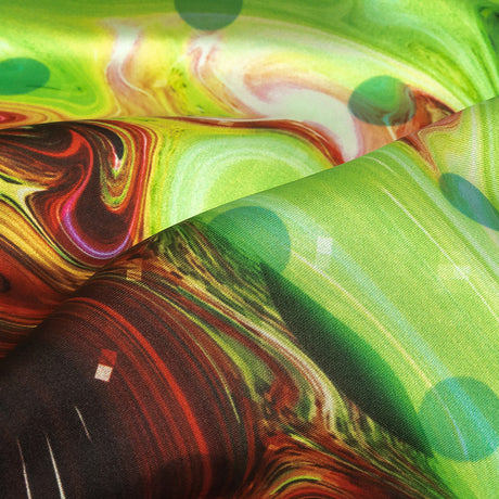 Polyester Charmeuse Print - Lime Green, Pink and Brown Abstract Swirls and Polka Dots - Mood Exclusive Interstellar