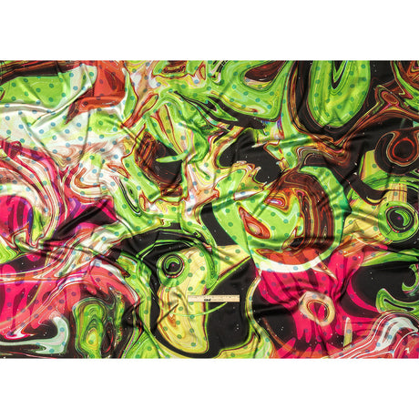 Polyester Charmeuse Print - Lime Green, Pink and Brown Abstract Swirls and Polka Dots - Mood Exclusive Interstellar