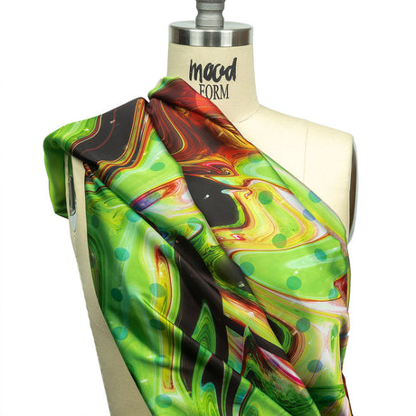 Polyester Charmeuse Print - Lime Green, Pink and Brown Abstract Swirls and Polka Dots - Mood Exclusive Interstellar