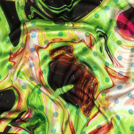 Polyester Charmeuse Print - Lime Green, Pink and Brown Abstract Swirls and Polka Dots - Mood Exclusive Interstellar