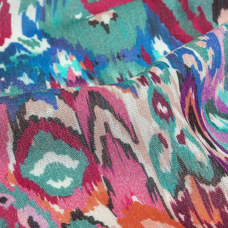 Gauzy Wrinkled Rayon Woven Print - Pink and Blue Geometric Ikat - Mood Exclusive Wavy Pigmentation
