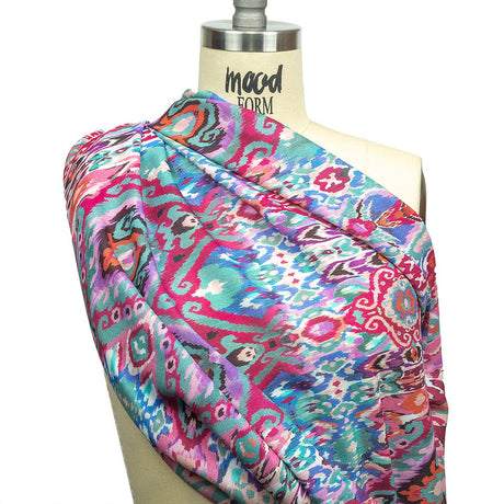 Gauzy Wrinkled Rayon Woven Print - Pink and Blue Geometric Ikat - Mood Exclusive Wavy Pigmentation
