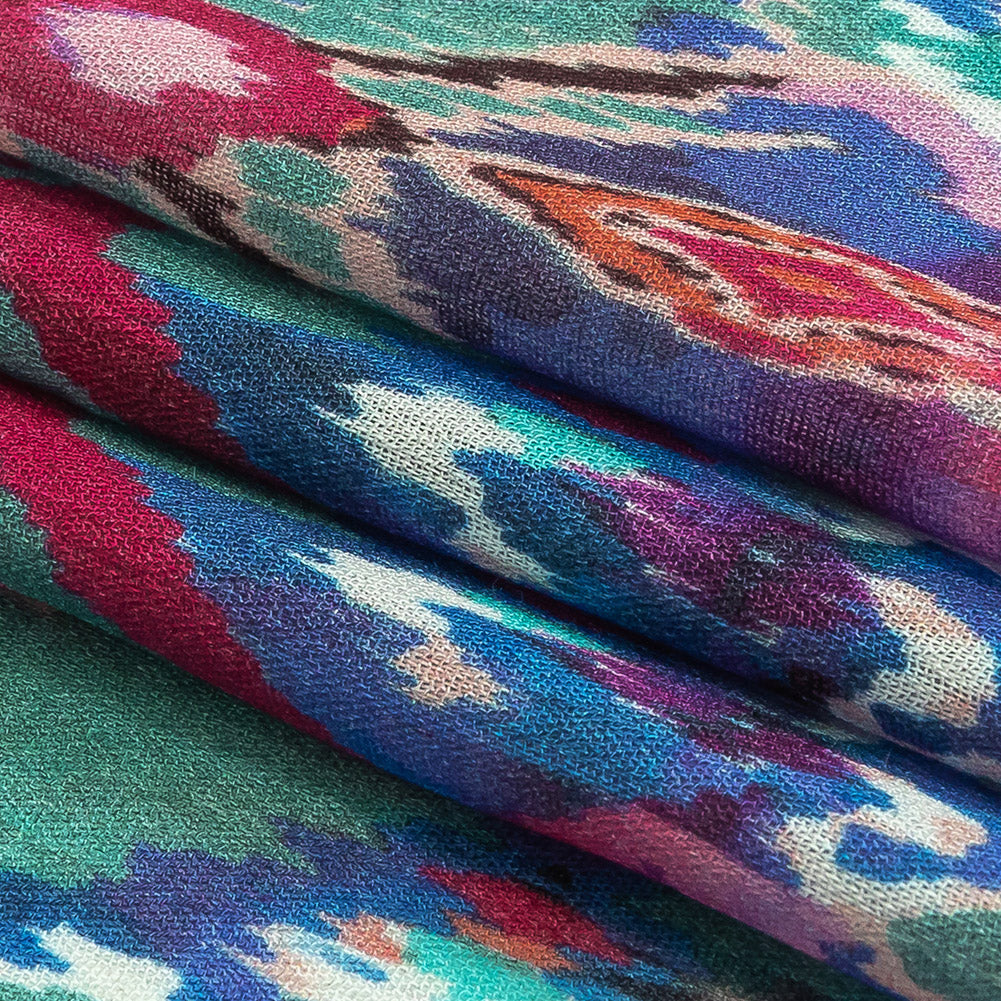 Gauzy Wrinkled Rayon Woven Print - Pink and Blue Geometric Ikat - Mood Exclusive Wavy Pigmentation