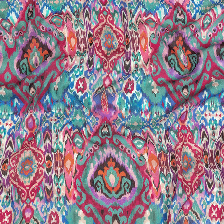 Gauzy Wrinkled Rayon Woven Print - Pink and Blue Geometric Ikat - Mood Exclusive Wavy Pigmentation