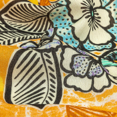 Gauzy Wrinkled Rayon Woven Print - Butterscotch Orange and Blue Floral - Mood Exclusive Blackened Buds