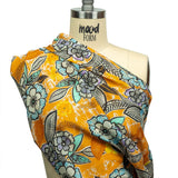 Gauzy Wrinkled Rayon Woven Print - Butterscotch Orange and Blue Floral - Mood Exclusive Blackened Buds