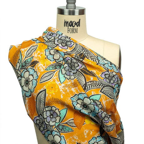 Gauzy Wrinkled Rayon Woven Print - Butterscotch Orange and Blue Floral - Mood Exclusive Blackened Buds