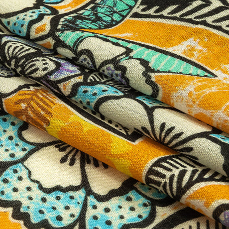 Gauzy Wrinkled Rayon Woven Print - Butterscotch Orange and Blue Floral - Mood Exclusive Blackened Buds
