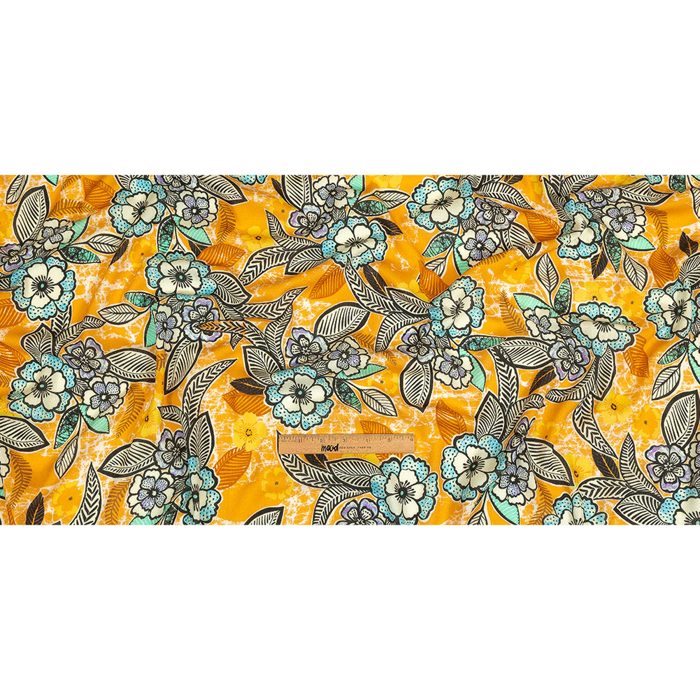 Gauzy Wrinkled Rayon Woven Print - Butterscotch Orange and Blue Floral - Mood Exclusive Blackened Buds