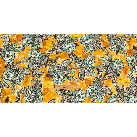 Gauzy Wrinkled Rayon Woven Print - Butterscotch Orange and Blue Floral - Mood Exclusive Blackened Buds