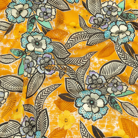 Gauzy Wrinkled Rayon Woven Print - Butterscotch Orange and Blue Floral - Mood Exclusive Blackened Buds