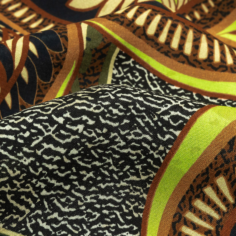 Viscose Crepe Print - Black, Green and Orange Textural Floral - Mood Exclusive Chalkboard Chic