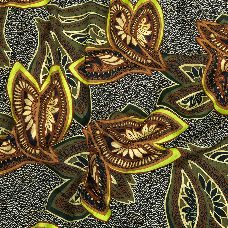 Viscose Crepe Print - Black, Green and Orange Textural Floral - Mood Exclusive Chalkboard Chic