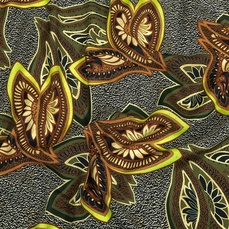Viscose Crepe Print - Black, Green and Orange Textural Floral - Mood Exclusive Chalkboard Chic