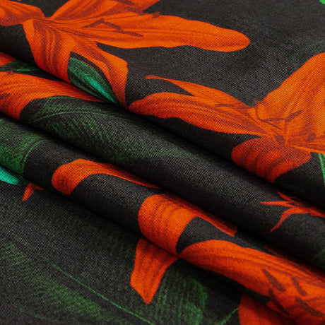Viscose Crepe Print - Red, Black and Green Floral - Mood Exclusive Luminescent Lilies