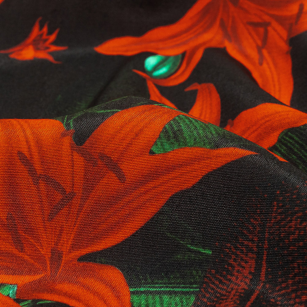 Viscose Crepe Print - Red, Black and Green Floral - Mood Exclusive Luminescent Lilies