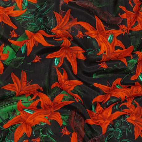 Viscose Crepe Print - Red, Black and Green Floral - Mood Exclusive Luminescent Lilies
