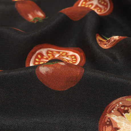 Sustainable Viscose Woven Print - Jet Set Black and Red Tomatoes - Mood Exclusive Homegrown Haute Couture