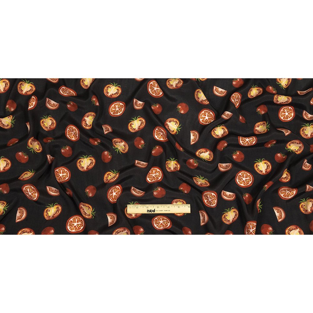 Sustainable Viscose Woven Print - Jet Set Black and Red Tomatoes - Mood Exclusive Homegrown Haute Couture