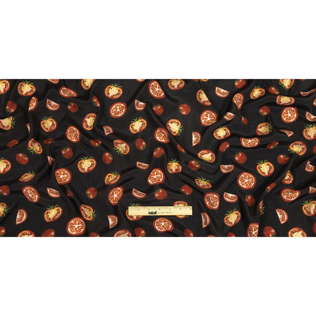 Sustainable Viscose Woven Print - Jet Set Black and Red Tomatoes - Mood Exclusive Homegrown Haute Couture