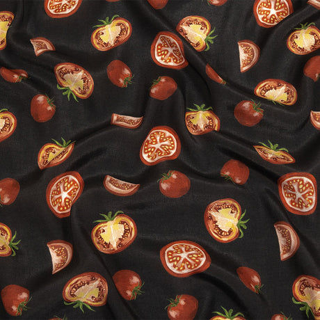 Sustainable Viscose Woven Print - Jet Set Black and Red Tomatoes - Mood Exclusive Homegrown Haute Couture