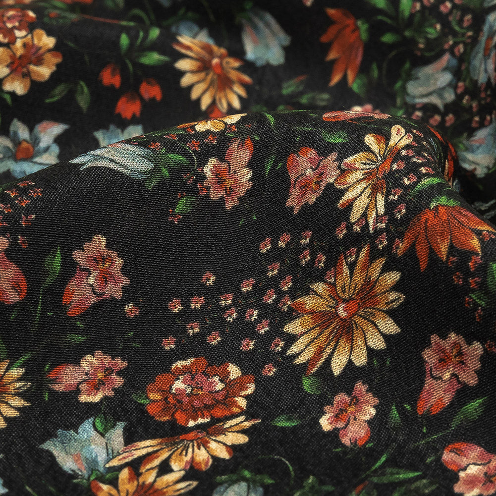 Sustainable Viscose Crepe Print - Black, Light Blue and Yellow Floral - Mood Exclusive Night Air