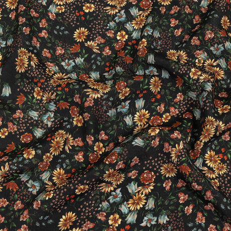 Sustainable Viscose Crepe Print - Black, Light Blue and Yellow Floral - Mood Exclusive Night Air