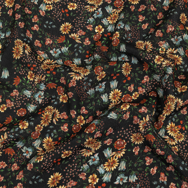 Sustainable Viscose Crepe Print - Black, Light Blue and Yellow Floral - Mood Exclusive Night Air