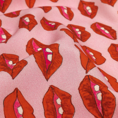 Stretch Polyester Woven Print - Pink and Red Lips - Mood Exclusive Mouthing Off
