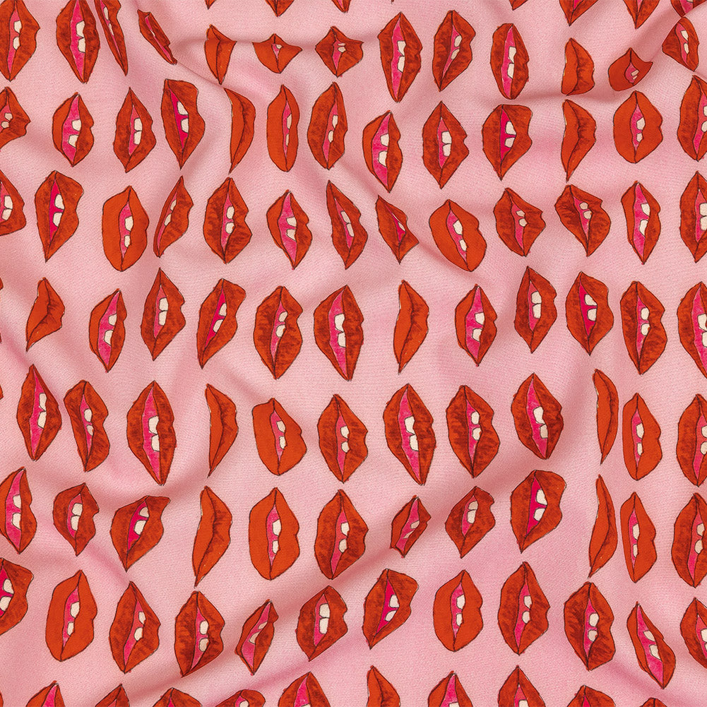 Stretch Polyester Woven Print - Pink and Red Lips - Mood Exclusive Mouthing Off