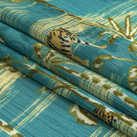 Crinkled Leafy Polyester Jacquard Print - Blue and Green Savannah Cats - Mood Exclusive Cerrado