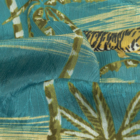 Crinkled Leafy Polyester Jacquard Print - Blue and Green Savannah Cats - Mood Exclusive Cerrado