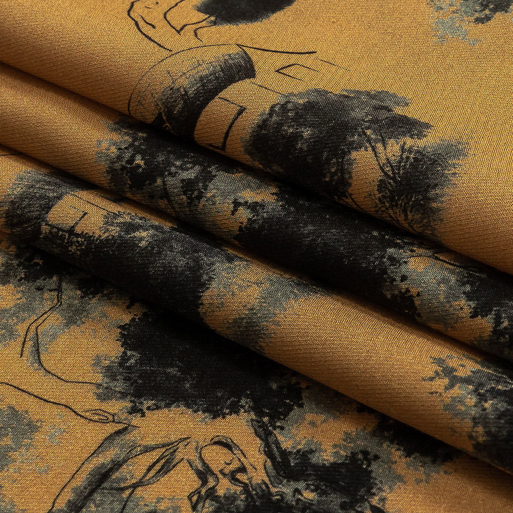 Viscose Twill Print - Tan and Black Trees and Houses - Mood Exclusive Among the Kii Mountains