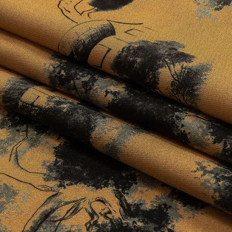 Viscose Twill Print - Tan and Black Trees and Houses - Mood Exclusive Among the Kii Mountains