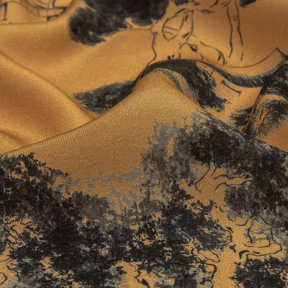 Viscose Twill Print - Tan and Black Trees and Houses - Mood Exclusive Among the Kii Mountains