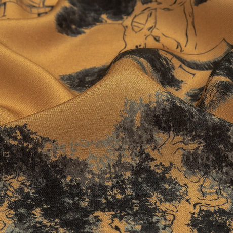 Viscose Twill Print - Tan and Black Trees and Houses - Mood Exclusive Among the Kii Mountains
