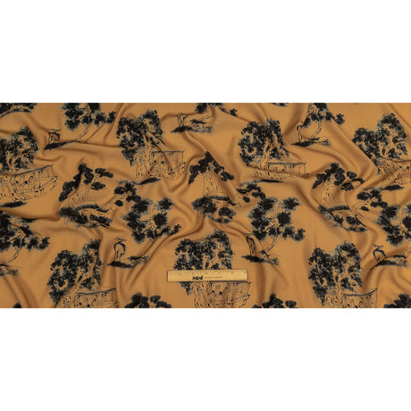 Viscose Twill Print - Tan and Black Trees and Houses - Mood Exclusive Among the Kii Mountains