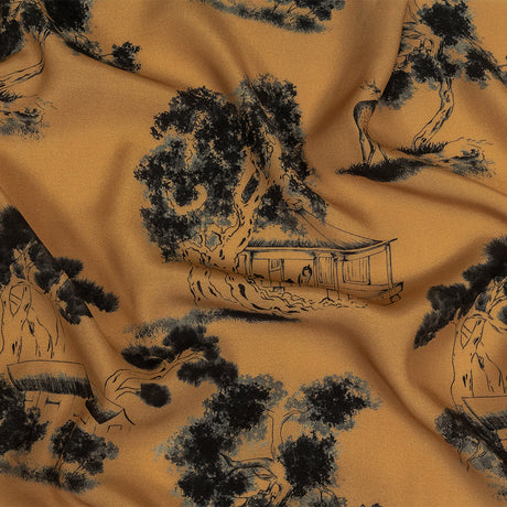 Viscose Twill Print - Tan and Black Trees and Houses - Mood Exclusive Among the Kii Mountains
