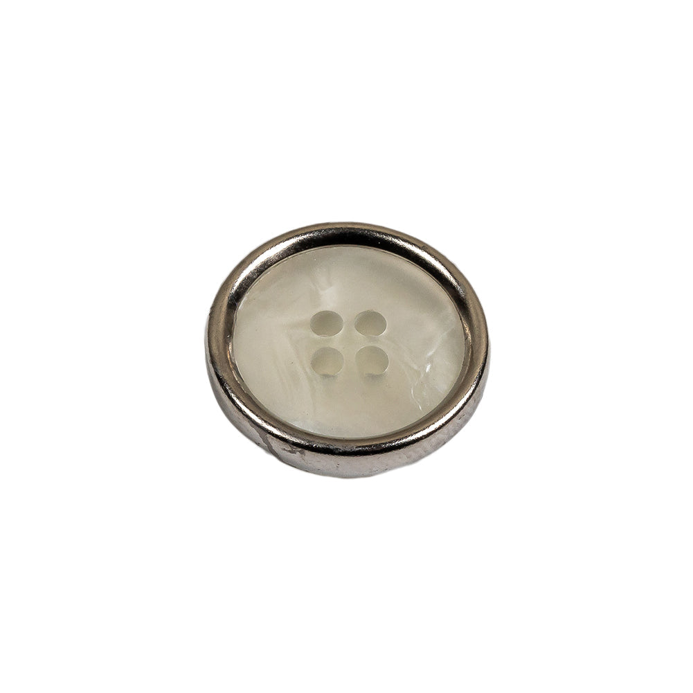 Italian Iridescent White 4 Hole Button with Silver Metal Rim - 28L/18mm