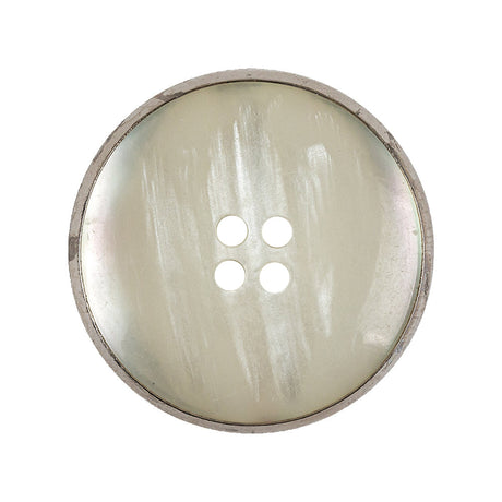 Italian Iridescent White 4 Hole Button with Silver Metal Rim - 44L/28mm