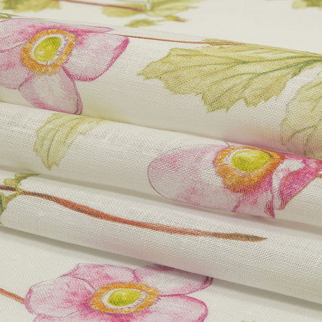Pink, Green and White Anemone Flower Medium Weight Linen Woven