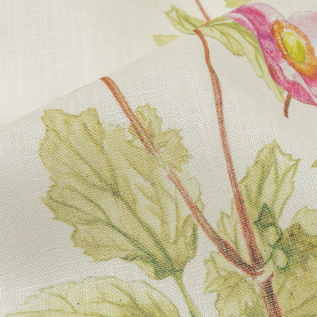 Pink, Green and White Anemone Flower Medium Weight Linen Woven
